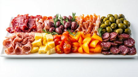 A vibrant charcuterie board featuring an assortment of meats, cheeses, olives, and tomatoes, perfect for gatherings, parties, or gourmet snacking.の素材