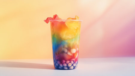 A vibrant rainbow drink featuring layers of colors, ice, and fruit garnishes. Perfect for summer, parties, or any festive occasion. Refreshing and visually stunning!の素材