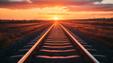 A breathtaking sunset casts warm light over railroad tracks stretching into the horizon, set against a tranquil rural landscape filled with vibrant colors.の素材