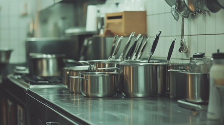 A modern kitchen scene featuring various stainless steel pots and utensils on a countertop, ideal for showcasing culinary preparation and design.の素材