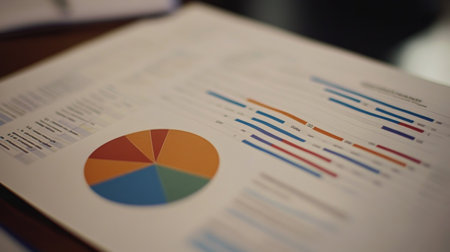 Detailed view of colorful charts and graphs on a business report. Ideal for presentations, projects, and data analysis in professional settings.の素材