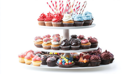 A vibrant three-tier cupcake stand displaying an array of colorful and delicious cupcakes, perfect for celebrations, parties, or bakery showcases.の素材
