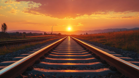 A beautiful sunset casts warm colors over a railway track stretching into the horizon, creating a serene and tranquil atmosphere in nature.の素材