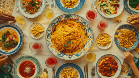 An aerial view of a vibrant dining table filled with various delicious dishes, showcasing a festive atmosphere perfect for gatherings and celebrations.の素材