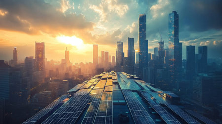 A stunning urban skyline at sunset, featuring solar panels on rooftops. This image showcases modern architecture and renewable energy in a vibrant city.の素材
