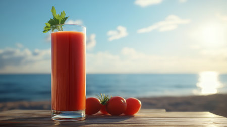 Enjoy a refreshing glass of tomato juice garnished with parsley, set against a stunning seaside backdrop. Perfect for summer moments and healthy living.の素材
