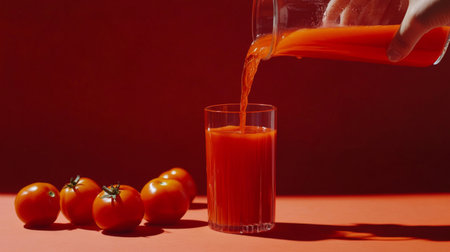 A vibrant scene featuring a hand pouring fresh tomato juice into a glass, with ripe tomatoes nearby, emphasizing health and freshness in a striking red setting.の素材