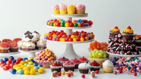 A vibrant display of assorted cupcakes and candies arranged on elegant stands, perfect for celebrations or events. A feast for the eyes and taste buds!の素材