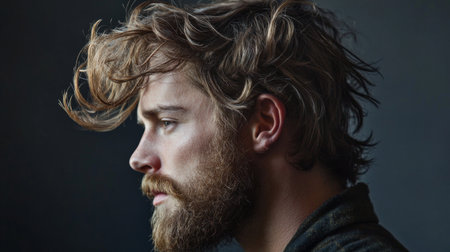 A captivating profile portrait of a thoughtful man with disheveled hair and a beard, capturing emotion through light and shadow on a dark background.の素材