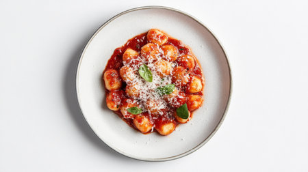 A mouthwatering plate of gnocchi served in rich tomato sauce, garnished with fresh basil and sprinkled with parmesan cheese. Perfect for Italian cuisine lovers.の素材