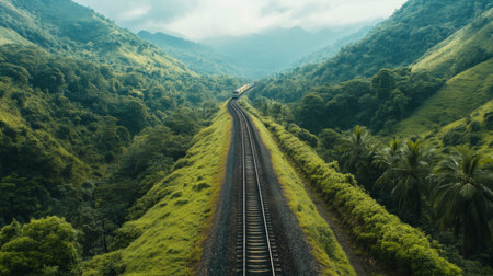 A stunning view of train tracks winding through a lush green landscape, surrounded by rolling hills and distant mountains, evoking a sense of tranquility and adventure.の素材