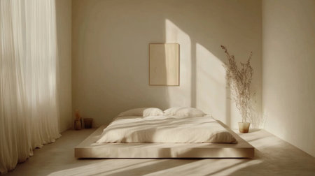 A serene minimalist bedroom bathed in natural light, featuring soft colors and a simple design. Perfect for showcasing modern interior aesthetics and tranquility.の素材
