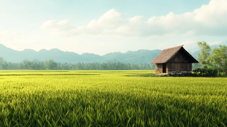 A rustic cabin stands alone in a vibrant green rice field, surrounded by peaceful mountains and a bright sky, embodying tranquility and natural beauty.の素材