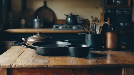 A rustic kitchen scene featuring various cookware on a wooden table, showcasing a cozy and warm atmosphere perfect for culinary activities.の素材