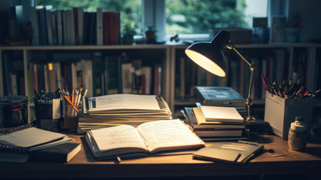 A warm and inviting study space featuring an open book illuminated by a desk lamp, surrounded by stationery and organized stacks of papers, promoting creativity and focus.の素材