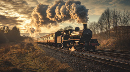 A vintage steam train travels through a picturesque landscape at sunset, creating a nostalgic scene with billowing smoke and warm light. Ideal for travel and heritage themes.の素材