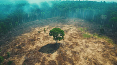 An aerial view of a solitary tree in a deforested area, surrounded by barren land and thick smoke, highlighting the impact of environmental change.の素材