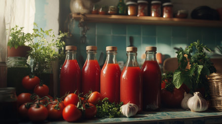 A collection of fresh tomato juice bottles sits on a rustic kitchen counter surrounded by vibrant herbs, tomatoes, and garlic, showcasing wholesome cooking ingredients.の素材