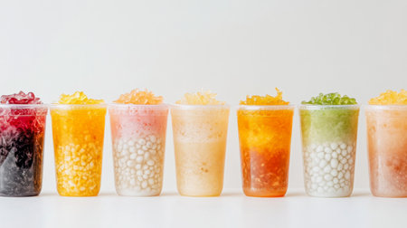 A vibrant array of colorful drinks in clear cups, each topped with unique ingredients. Perfect for summer events, parties, or casual gatherings.の素材