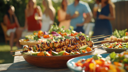 Close-up of BBQ skewers surrounded by fresh salads at a joyful summer gathering. Perfect for showcasing outdoor dining, flavorful food, and great company.の素材