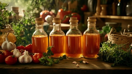 A charming display of herbal bottles surrounded by fresh vegetables and herbs, showcasing a rustic kitchen setting rich in natural flavors and home-cooked goodness.の素材