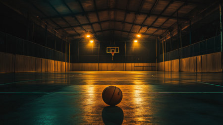 A solitary basketball sits in the foreground of an empty indoor court, illuminated by warm, orange lights, creating a dramatic and atmospheric scene.の素材