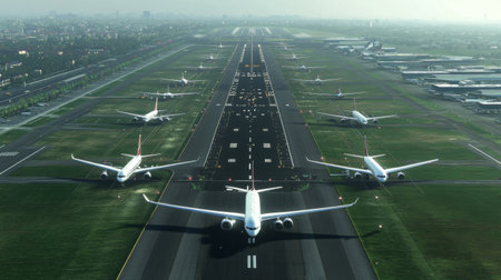 A busy airport runway showcasing multiple airplanes preparing for takeoff and landing, highlighting the dynamic nature of air travel and logistics.の素材