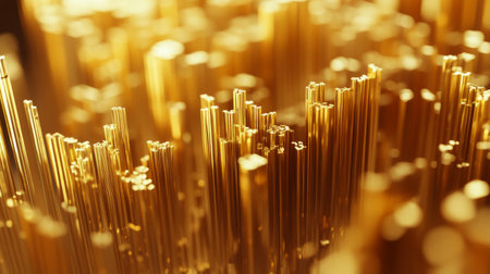 This abstract image captures a vibrant golden metallic texture, showcasing sharp points that create depth and elegance, ideal for design projects.の素材