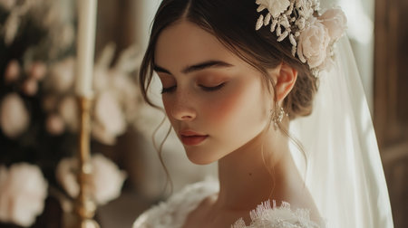 A serene portrait of a bride with delicate floral accessories, showcasing natural beauty and elegance. Soft light enhances the romantic atmosphere of the scene.の素材
