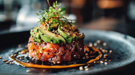 A vibrant salmon tartare topped with creamy avocado, sesame seeds, and herbs, elegantly presented on a black plate, perfect for gourmet dining.の素材