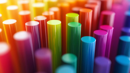 A captivating arrangement of colorful tubes stacked closely together, featuring vibrant hues and a soft blurred background, perfect for creative projects.の素材