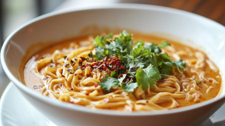 A vibrant bowl of creamy noodles topped with fresh herbs and spices, perfect for a savory comfort meal that delights the senses. Ideal for culinary enthusiasts.の素材