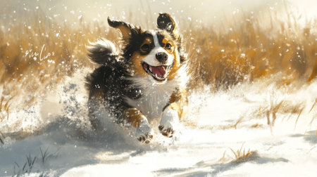 A joyful dog dashes through the snowy landscape, embodying pure happiness and energy. The playful corgi enjoys its winter adventure in a sunlit setting.の素材