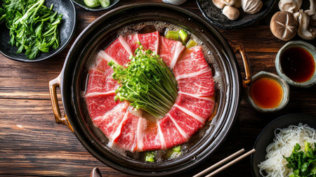 A beautifully arranged Japanese hot pot featuring fresh beef slices and vibrant vegetables. Perfect for sharing and enjoying a warm meal with friends or family.の素材