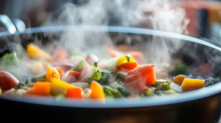 A vibrant mix of fresh vegetables steaming in a pot, showcasing the beauty of healthy cooking. This image captures the essence of culinary preparation and nourishment.の素材