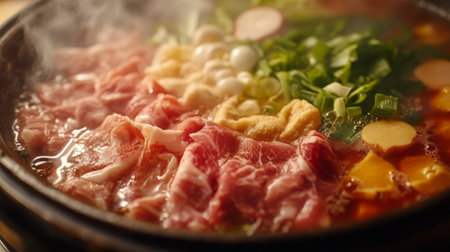 A vibrant display of fresh ingredients in a steaming hot pot, showcasing a blend of meats and vegetables for a flavorful culinary experience. Perfect for communal dining.の素材