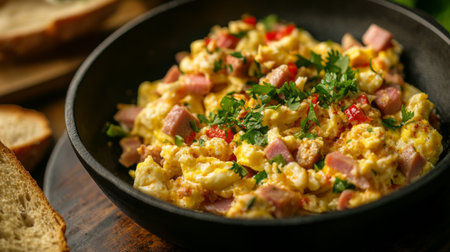 A hearty bowl of scrambled eggs combined with ham, fresh vegetables, and cilantro makes for a nutritious and colorful breakfast meal. Perfect for brunch or a comforting start to your day.の素材