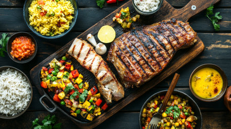 A vibrant spread featuring grilled meats and colorful vegetables arranged beautifully on a wooden platter, perfect for a summer gathering or outdoor event.の素材