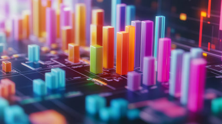 Abstract digital visualization of colorful bar charts representing data analysis and statistics, ideal for technology and finance concepts.の素材