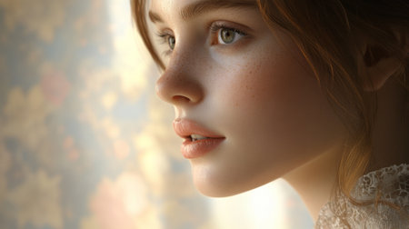 A serene portrait of a young woman captured in soft light by a window, emphasizing her delicate features and natural beauty with a dreamy, calm atmosphere.の素材