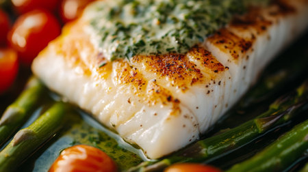 A beautifully grilled fish fillet topped with herbs, served alongside fresh asparagus and vibrant cherry tomatoes, perfect for a healthy meal.の素材