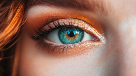 Captivating close-up of a woman's eye featuring vibrant orange eye makeup and striking blue iris, highlighting beauty and creativity in cosmetics.の素材