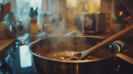 A steaming pot of delicious stew sits on a stovetop, with a wooden spoon resting inside. The warm ambiance of the kitchen enhances the culinary experience.の素材