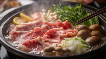 Savor the vibrant colors and fresh ingredients of a steaming hot pot featuring tender beef, mushrooms, and vegetables in a flavorful broth. Perfect for sharing!の素材