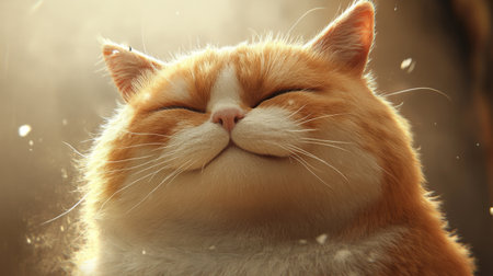 A joyful cat smiling contentedly in warm sunlight, showcasing its fluffy fur and adorable expression, creating a serene and cheerful atmosphere.の素材