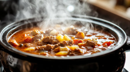A steaming pot of savory stew simmering on the stove, filled with tender meat and fresh vegetables. Perfect for a cozy dinner gathering.の素材