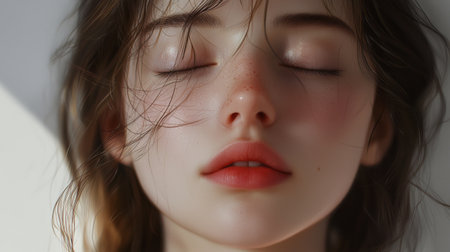 A close-up portrait of a young woman with serene expression and delicate features, showcasing natural beauty and soft light, evoking calm and tranquility.の素材
