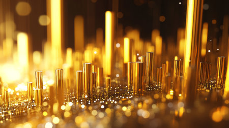 Dynamic abstract representation of golden vertical lines creating a shimmering effect. The vibrant and elegant design adds a touch of luxury and creativity.の素材
