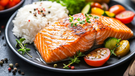 A beautifully plated grilled salmon fillet served with fluffy rice and a medley of fresh vegetables. Ideal for showcasing healthy, gourmet dining.の素材
