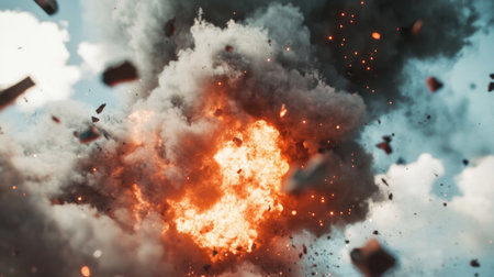 A captivating view of a powerful explosion with vibrant flames and thick smoke against a backdrop of a blue sky, showcasing chaos and energy.の素材
